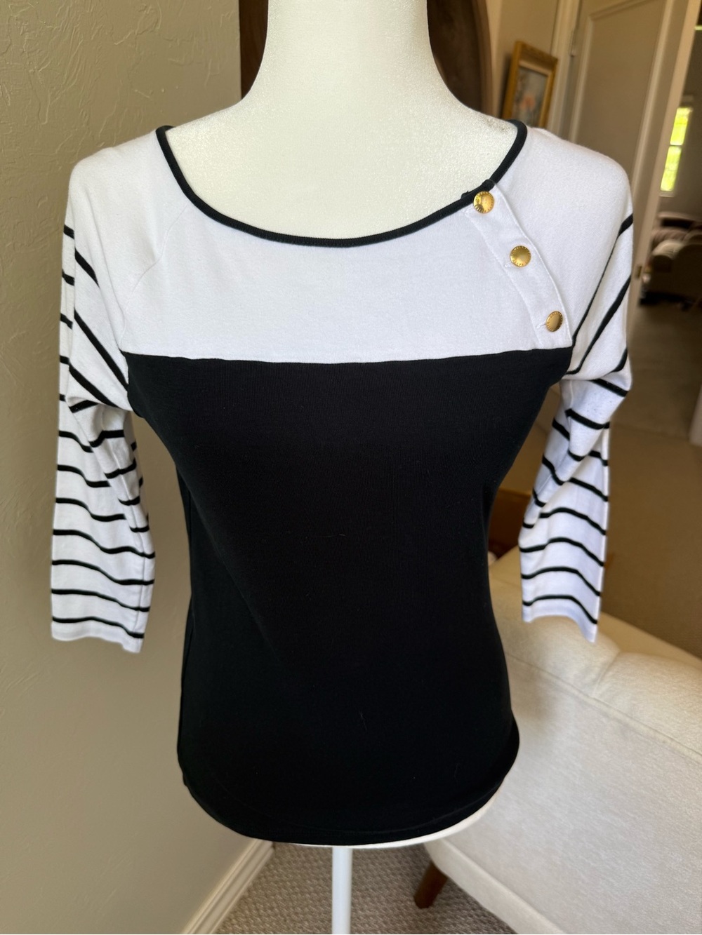 Lauren Ralph Lauren Nautical Striped Gold Button Top Black White M